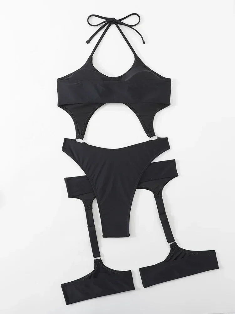 NEW Arrivals Sexy Hot Halter Tummy Cut Out Swimsuit With Garter Female Monokini Swimsuit Women Swimwear High Cut Bather Bathing Suit Swim Bodysuit