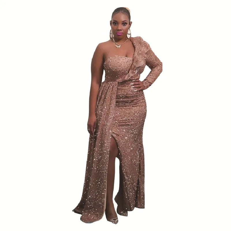 NEW Arrivals S-4XL Plus Size 7 Colors Women One Shoulder Sequin Slim High Waist Dress Autumn Winter Spring Evening Party Dress Women Sexy Ruffle Elegant Party Formal Dress