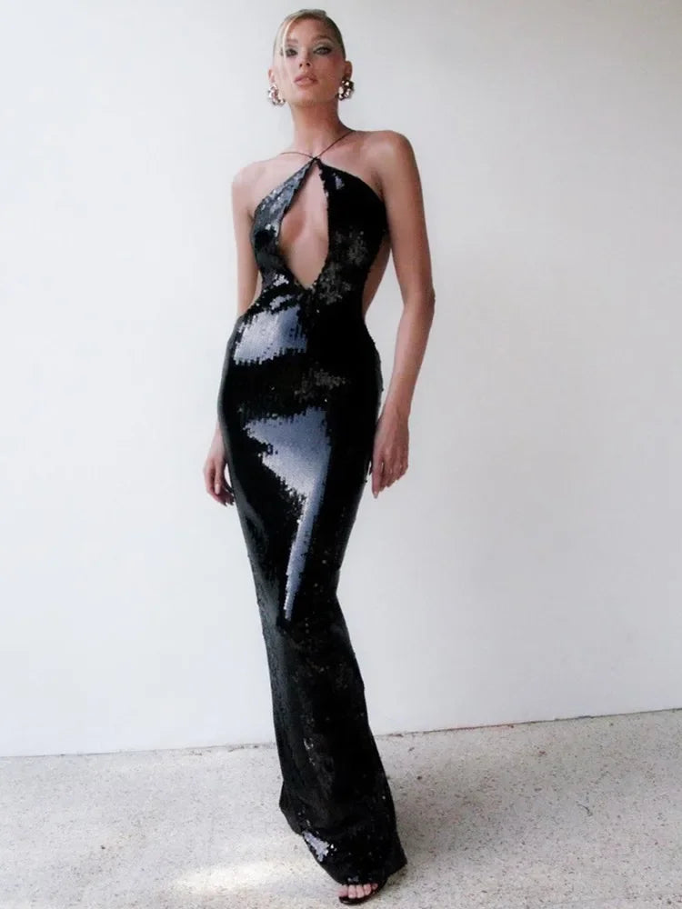 BRAND NEW UK Size Sexy Luxury Black Silk Maxi Dress Women Spring Summer Backless Halter Mesh Sequins Long Silk Gowns Dress Red Carpet Celebrity Wedding Guest Evening Party Club Dress