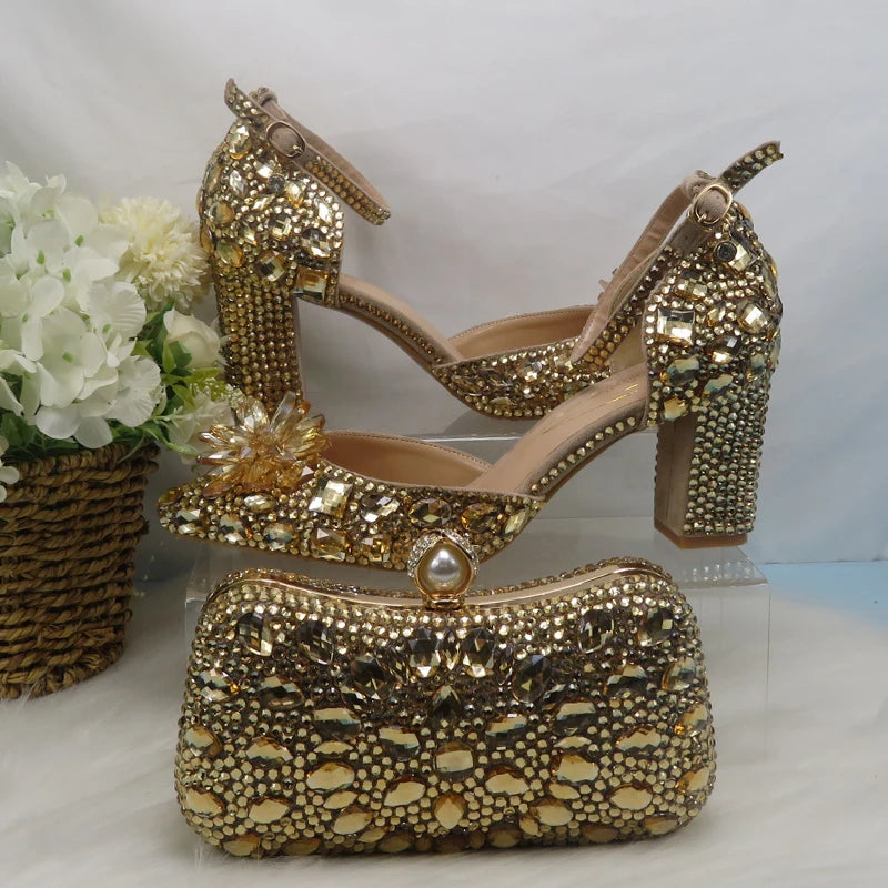 Low-Price Sales are Limited NEW Luxury Champagne Gold Wedding Shoes and Purse Set Women Bridal Fashion High Pumps Party Shoe and Bag Ankle Strap Ladies Luxury Fashion Apparel Accessories Clothing Supplies