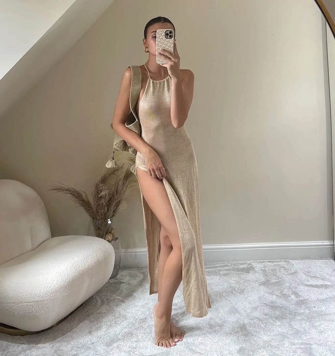 NEW Arrivals Only Large Size Female Girls Knitted Cover Up Beach Sexy See Through Maxi Slit Bodycon Summer Dress Bikini Swimwear Swimsuit Cover-Ups Elegant Halter Beach Dress Women Ladies Sexy Summer Fashion Apparel Produc