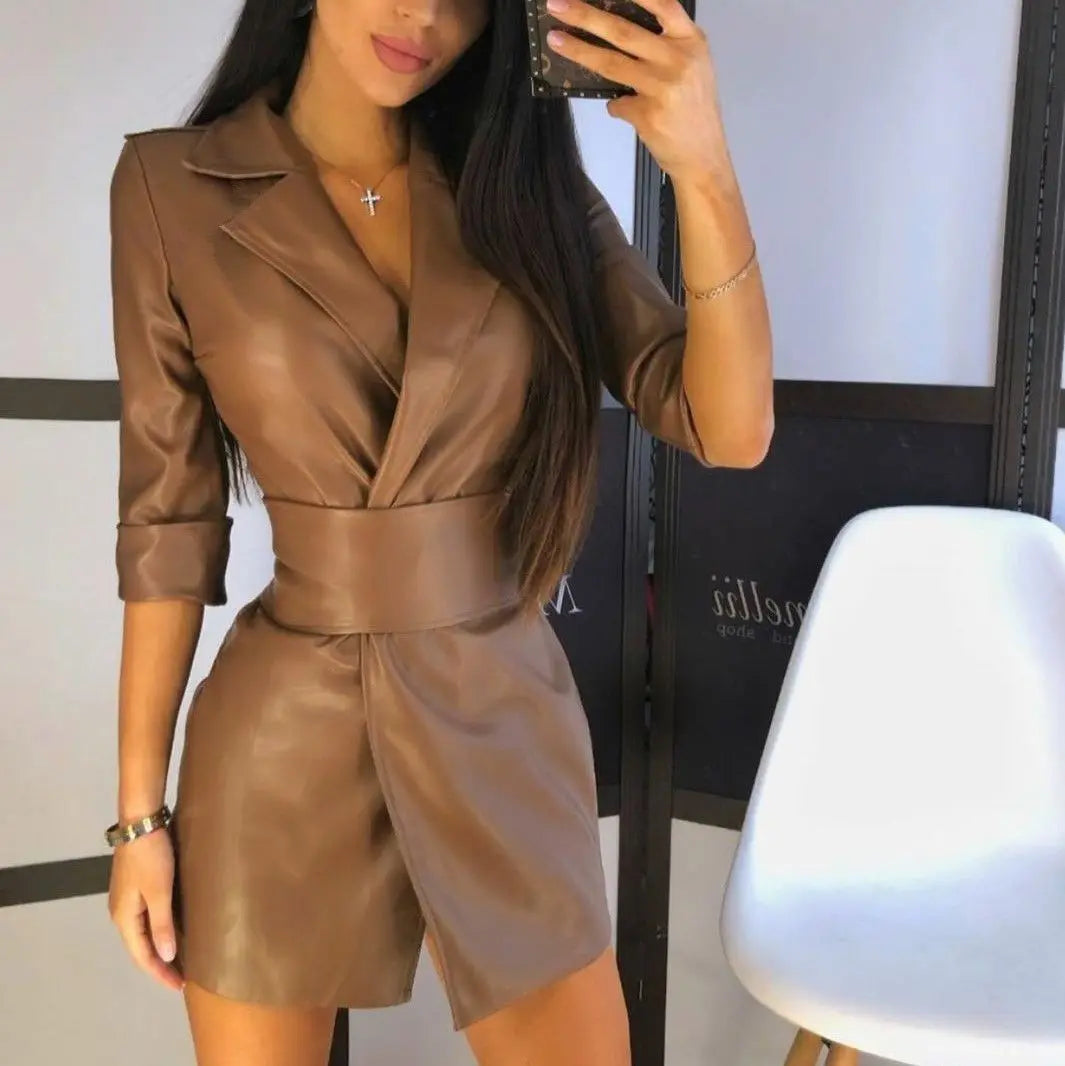 NEW Arrivals Luxury Brown/Black Autumn Winter High-Waisted Street Solid Color High Quality PU Leather Suit Collar Long-Sleeved Women Dress Leather Jacket Including Belt Girls Ladies Luxury Fashion Clothing Supplies