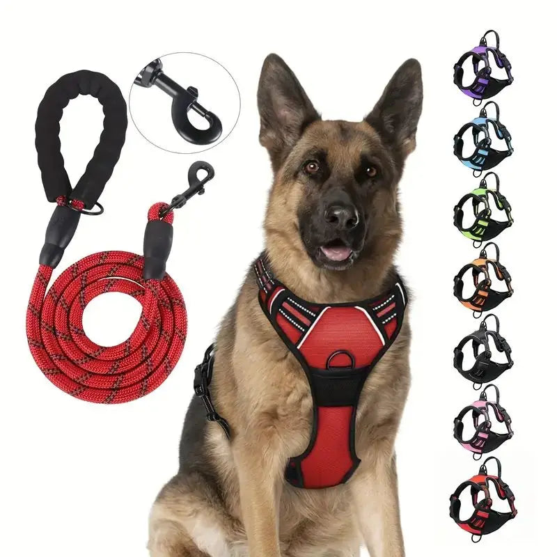 NEW 2PCS Set Service Dog Leash + Harness Front Clip Heavy Duty Reflective Easy Control Handle for Large Dog Walking Easy to Control for Small Medium