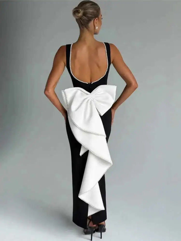NEW Elegant Pearl Bow Backless Sexy Maxi Dress Women Gown Fashion Sleeveless High Waist A-Line Club Party Long Dress