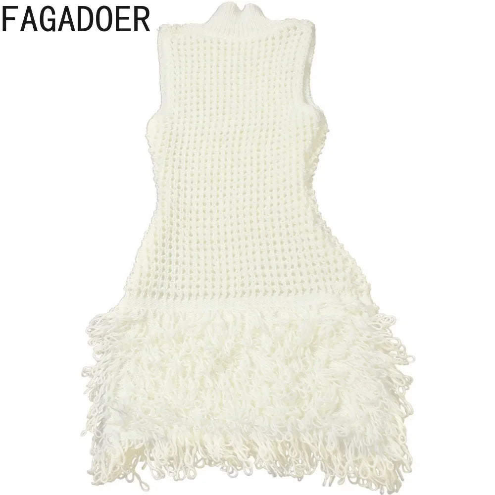 NEW Arrivals UK Size Black/White Color Italian Fashion Tassels Hollow Out Splicing Mini Dresses Women Round Neck Sleeveless Slim Elegant Lady Clothing