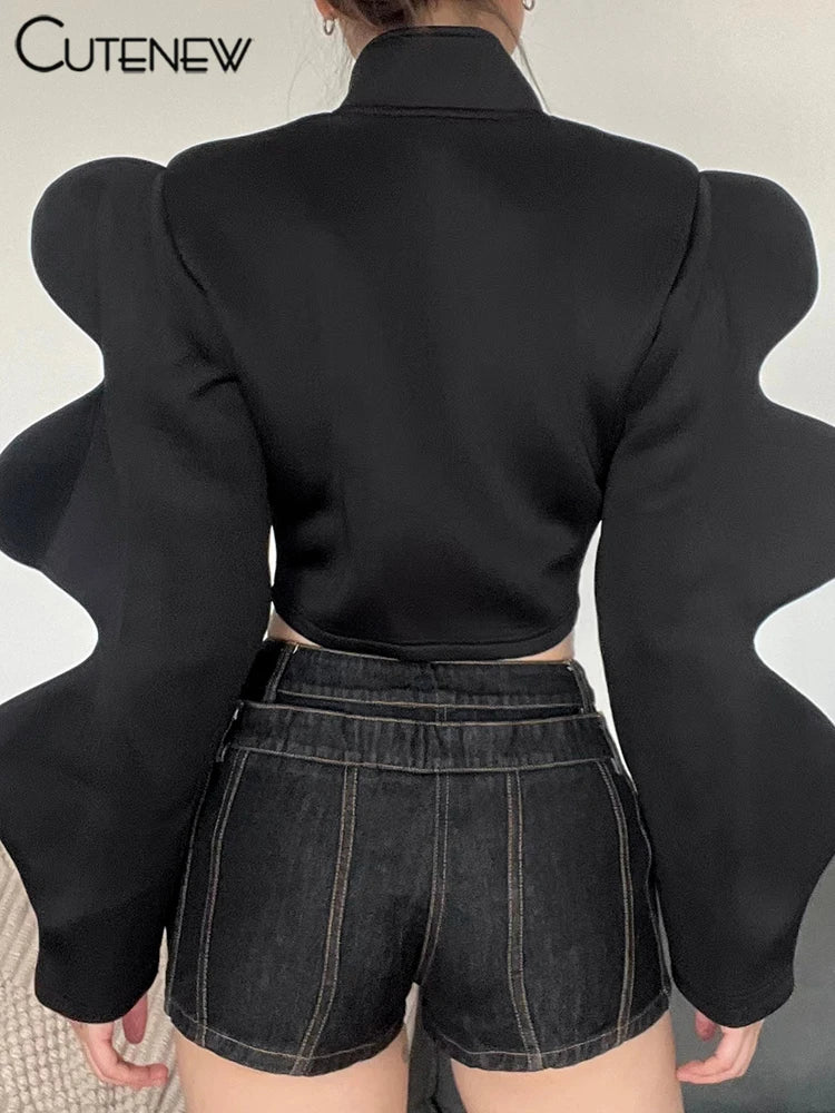 NEW Arrivals Solid Black Autumn Winter Women Jacket Fashion Stand-Up Collar Single-Breasted Lantern Sleeve Female Evening Rave Party Night Club Coat Streetwear Girls Casual Fashion Apparel Supplies