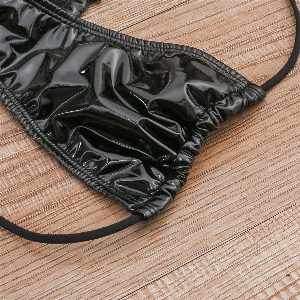 Cross border New Bright Leather Fabric Solid Color Triangle Cup Sexy Tie Up G-thong Bikini Hot selling Swimwear