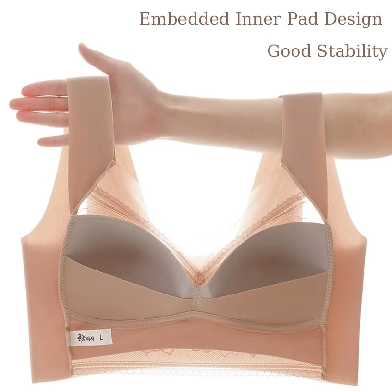NEW Arrivals 3PCS Set L-(45-50KG) 5XL(100KG) Women Lace Bra Bralette Push Up Perspective Ice Silk Deep V Bra Sexy Lingerie Tops Plus Size Cup Mom's Underwear Chubby Ladies Underwear
