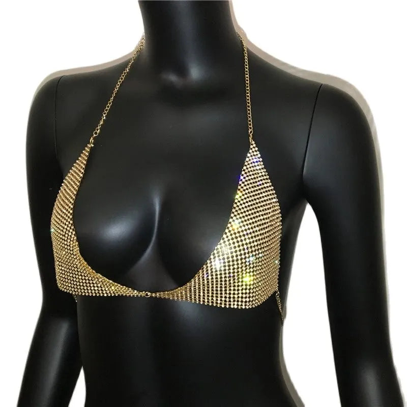 AKYZO Women Halter Handmade Rhinestones Bling Tank Tops Shiny Beach Bralette Party Club Gold Metal Diamond-Studded Camis