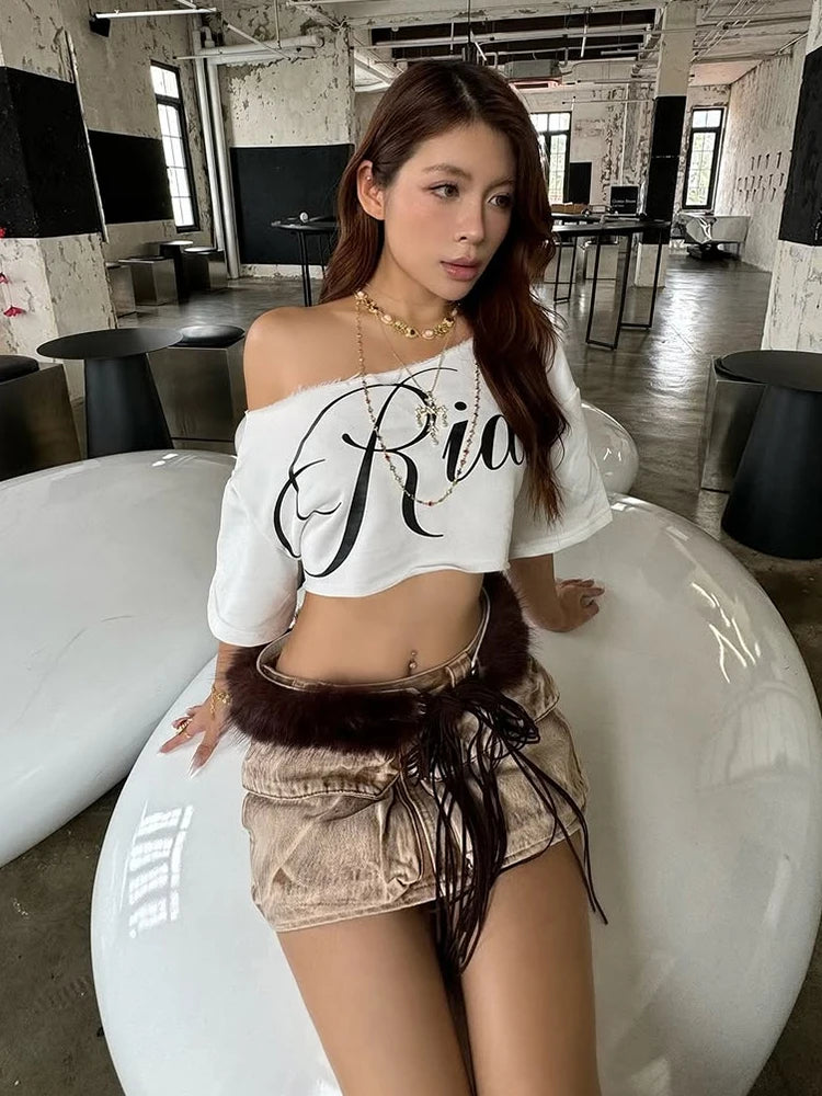 NEW 4 Colors Loose Letter Print Mini T-Shirt Women Summer Trend Biased Collar Versatile Street Skinny Simple Classic Party Daily Tops