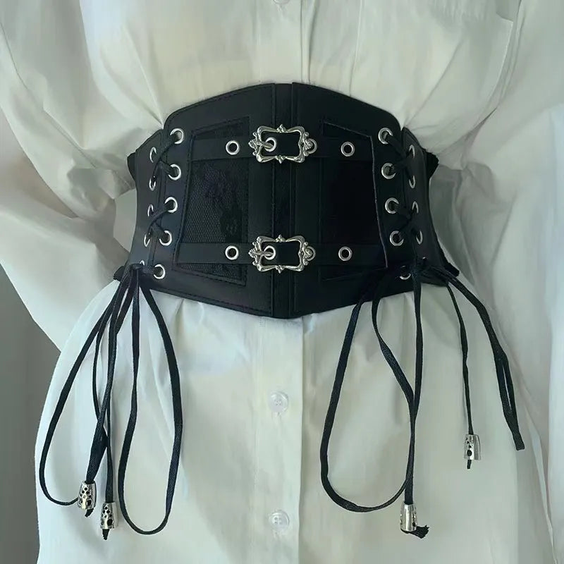 Lace straps, leather waist closure, women's decoration, shaping body, waist closure, black European and American vintage metal b