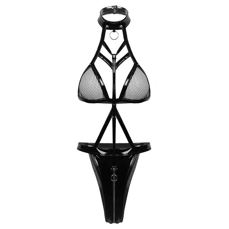 Fetish Women PU Leather Mesh Bodysuits Teddies Zipper Exotic Open Crotch Halter Jumpsuits Backless See Through Lingerie Catsuits