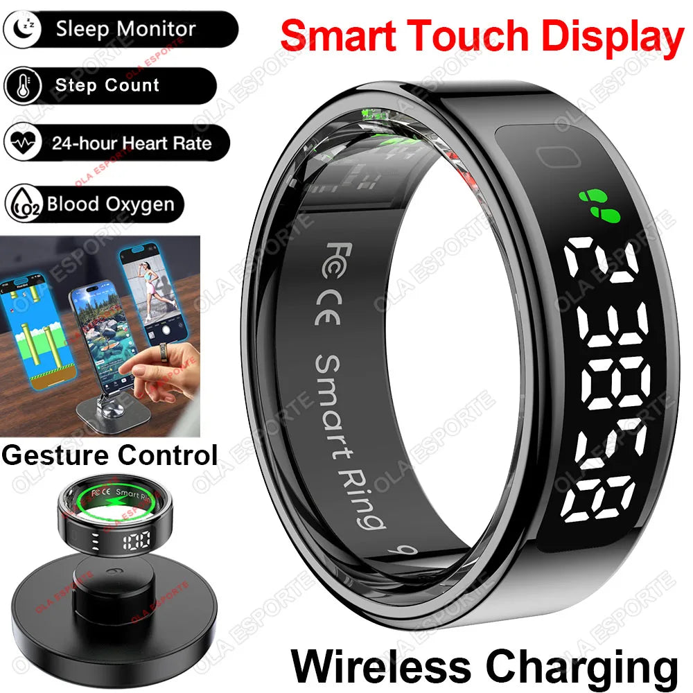 New Women Elderly Men Smart Ring with Wireless Charger Gesture Brush Tik-Tok Display Screen Health Monitoring IP68 5ATM Waterproof Rings Health Care Supplies
