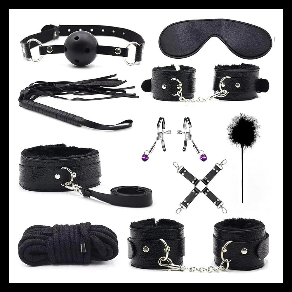 11pcs Plush Leather Handcuff BDSM Sexual Collar Blindfold Set Couple Clamps Harness Sadomasochism Black String Whip Bondage Kit