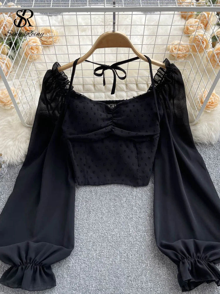 Polka Dot Folds Short Blouse Summer Slash Neck Long Sleeve Women Tie Halter Elastic Waist Fashion French Beach Top SINGREINY