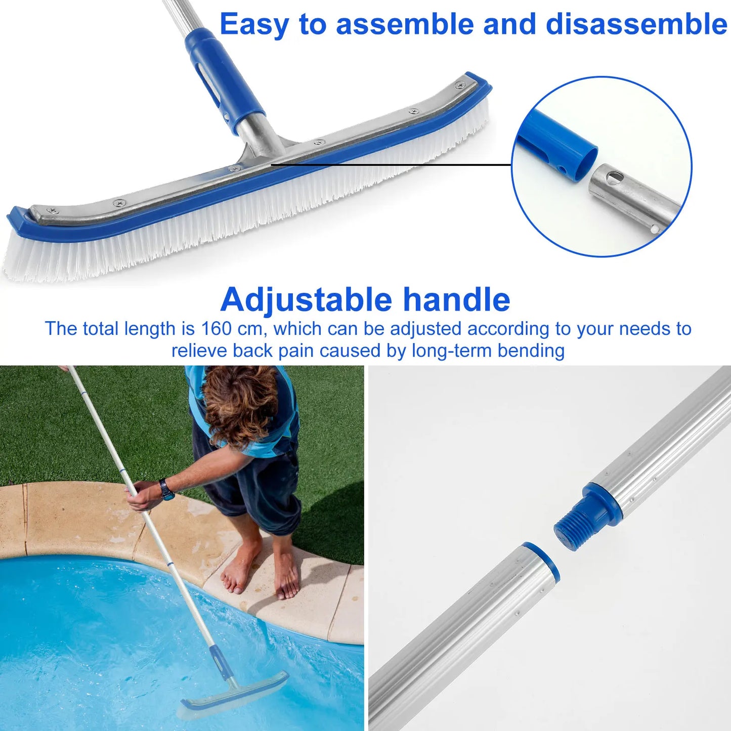 3Pcs Pool Cleaning Kit with Adjustable 63in Handle Cleaning Skimmer Clean Bottoms Net For Pool Filter Swimming Pool Brush Tool