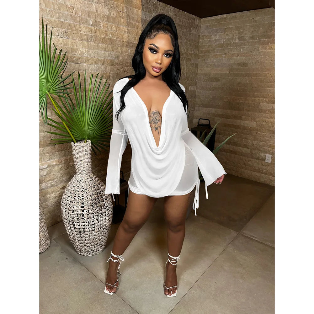 NEW Arrivals 2PCS Set S-2XL UK Plus Size 5 Colors Y2K Sexy Deep V Neck Mini Mesh Dress Women Party Outfit See Through Long Sleeve Night Club Beach Party Bodycon Dresses