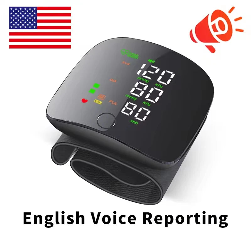 NEW Arrivals English Voice Portable LED Wrist Blood Pressure Monitor Portable Rechargeable Digital Tonometer Sphygmomanometer BP Monitor Health Care Supplies