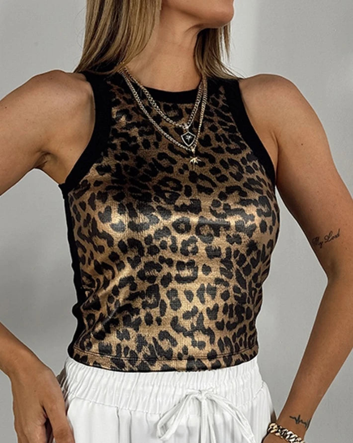NEW Arrivals S-XL UK Size 7 Colors/Patterns Women Summer Fashion Jacquard Leopard Pattern Metallic O-Neck Sleeveless Casual Skinny Daily Sexy Crop Tank Top