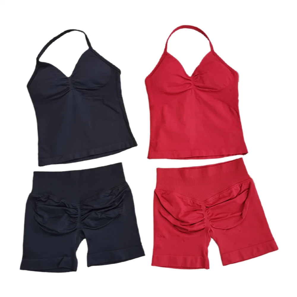 NEW Arrivals 2PCS Set 10 Colors Girls Yoga Gym Set Women's Strap Vest & Shorts Resistance Training Seamless Halter Tank Top Scrunch Butt Lifting Gym Shorts Set