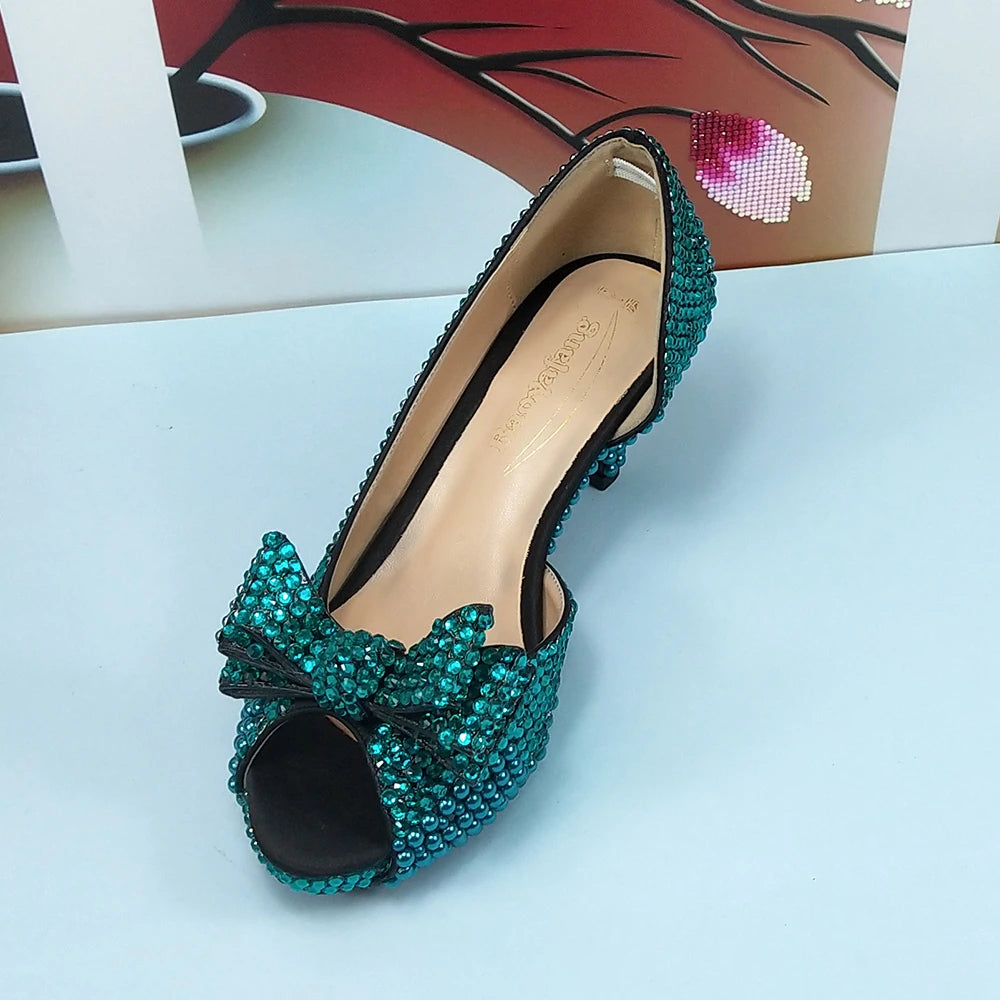 New Arrival Teal Luxury Blue Crystal Women Wedding Shoes Set with Matching Bags Peep Toe High Heels Pumps Open Toe Shoes and Purse Evening Party Night Business Dinner Apparel Accessories Ladies Luxury Fashion Clothing Suppl