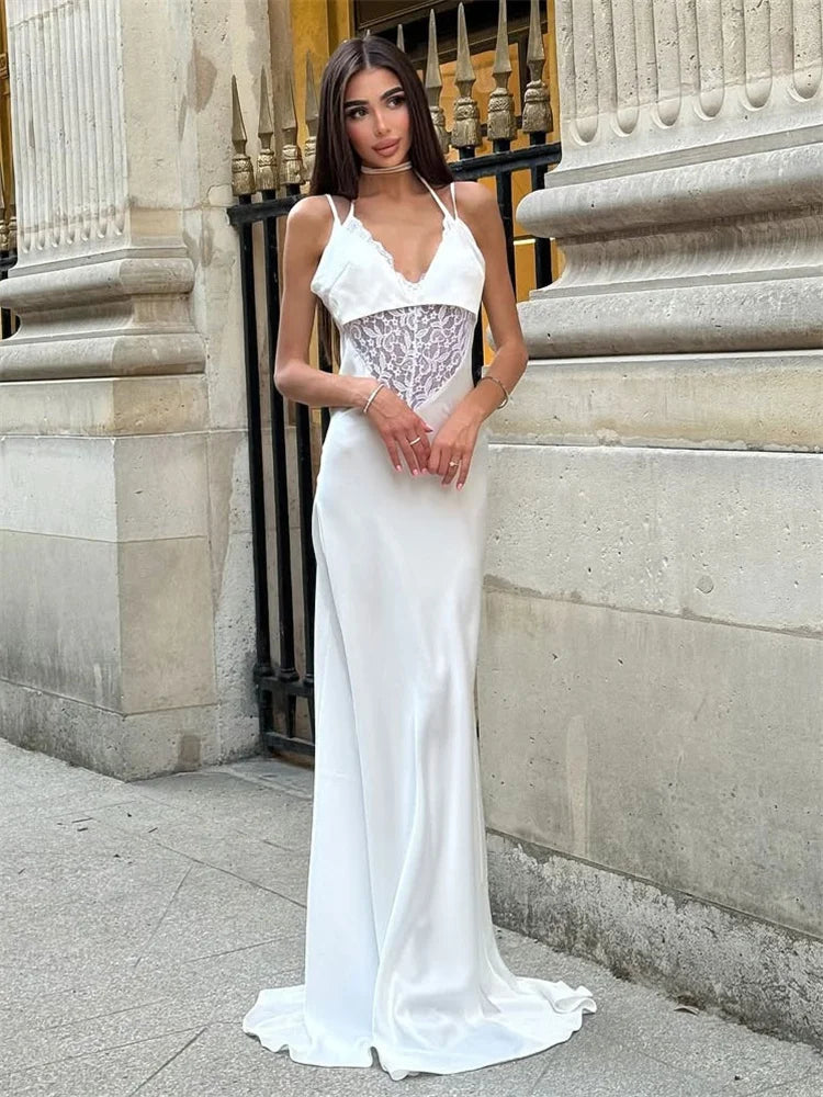 NEW Black/White Color Sexy Lace Hollow Out Maxi Dress Female Backless Spaghetti Slim V-Neck Hollow Out Commute Dress Summer Halter Dresses