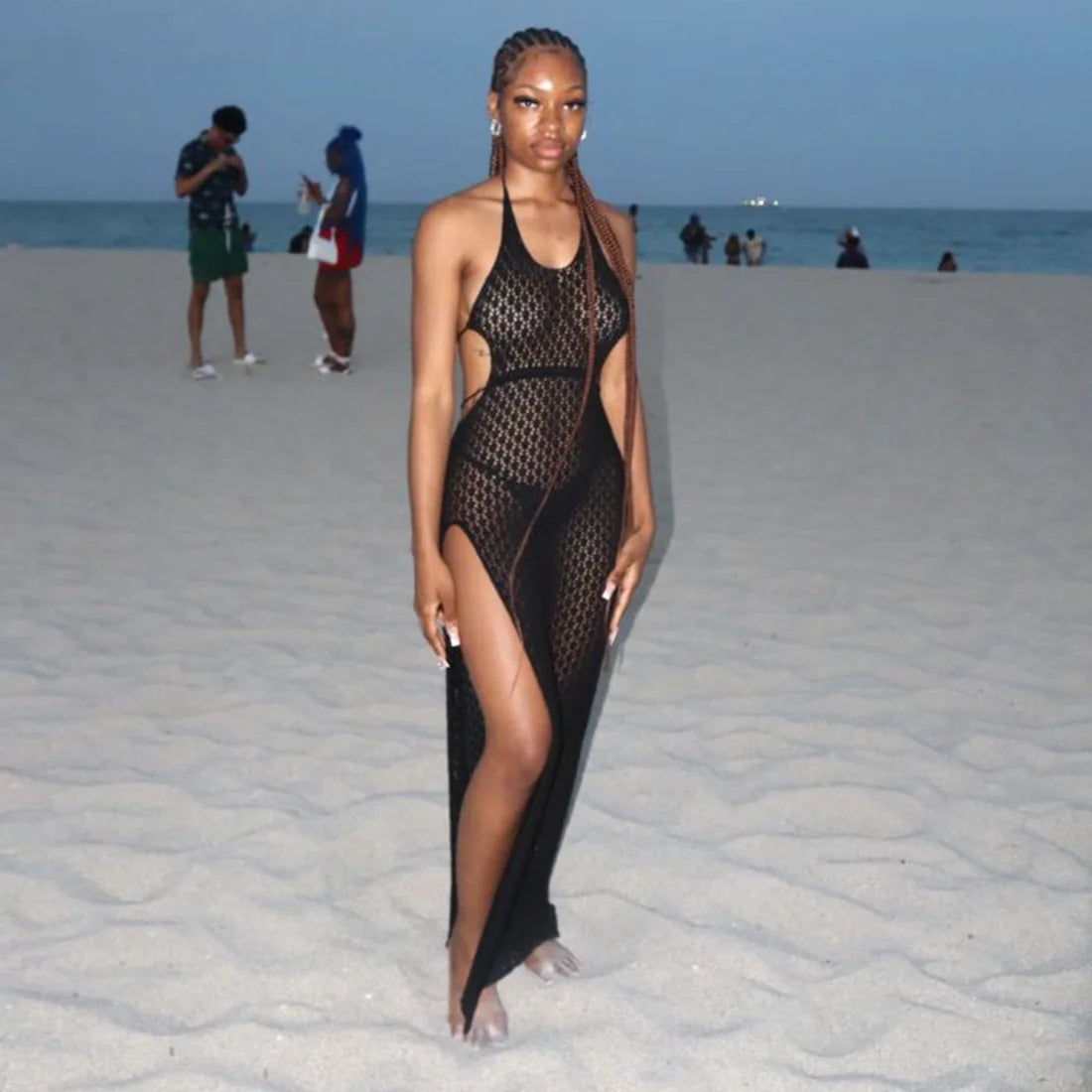 NEW Arrivals Black/White Sexy Knitted See Through Long Dresses For Women Seaside Beach Holiday Party Backless Lacing Bikini Cover Ups Slit Dress Ladies Girls Beach Wear