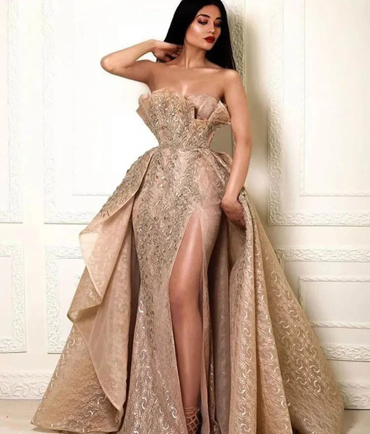 NEW Arrivals S-3XL Plus Size Women's Clothing Luxury Gold Dress Sexy Strapless Long Dress Elegant Evening European American Foreign Trade Evening Formal Wedding Guest Maxi Dress