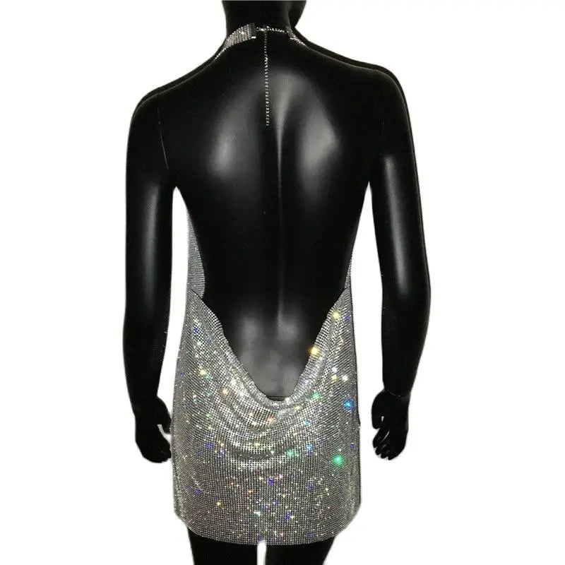 NEW Arrivals 7 Colors Luxury Crystal Rhinestone Sequins Mini Dress NEW Women Halter Backless Slit Metal Mesh Cocktail Evening Party Summer Beach Bar Night Clubwear Dresses