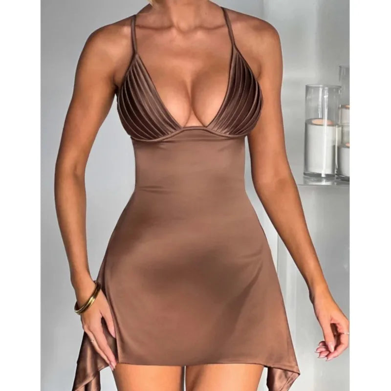 NEW Arrivals UK Size 5 Colors Sexy Satin Mini Dress Ladies Summer Evening Beach Party Night Club New V-neck Backless Solid Color Suspender Party Dresses Girls Fashion Mini Dress