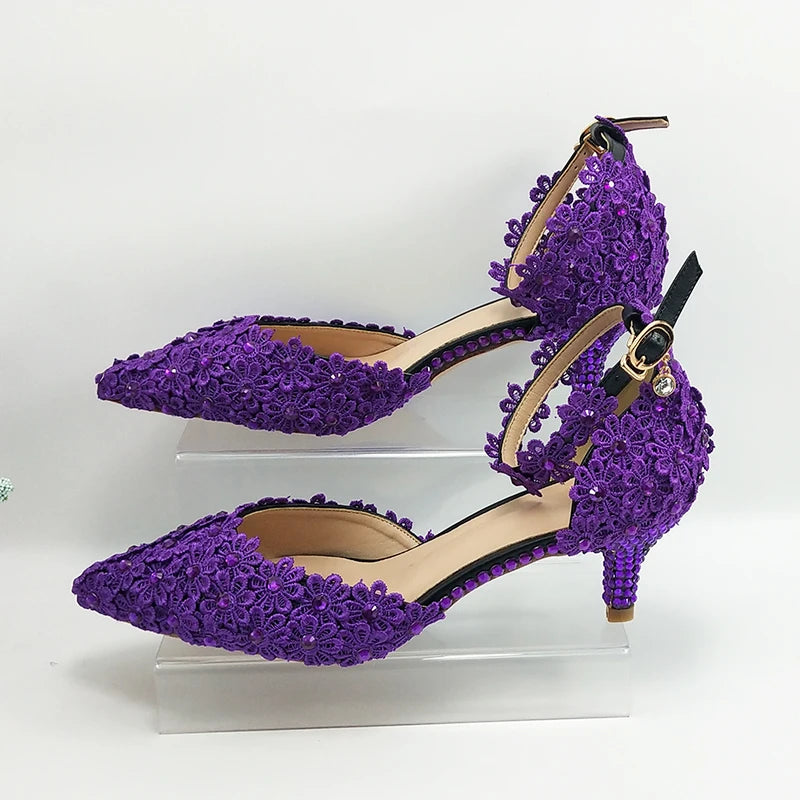 NEW Arrivals Italian Design Purple Lace Flower Luxury Wedding Shoes And Bag Set Crystal Heels Pointed Toe Ankle Strap Evening Party Shoes with Matching Bags Lace-Up Girls Ladies Luxury Fashion Apparel Accessories Clothing Pro
