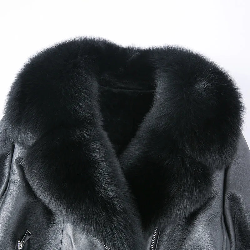 Real Shearling Jacket Real Fox Fur Collar Cuff Coats Women Winter Overcoats Genuine Sheepskin Leather Jacket