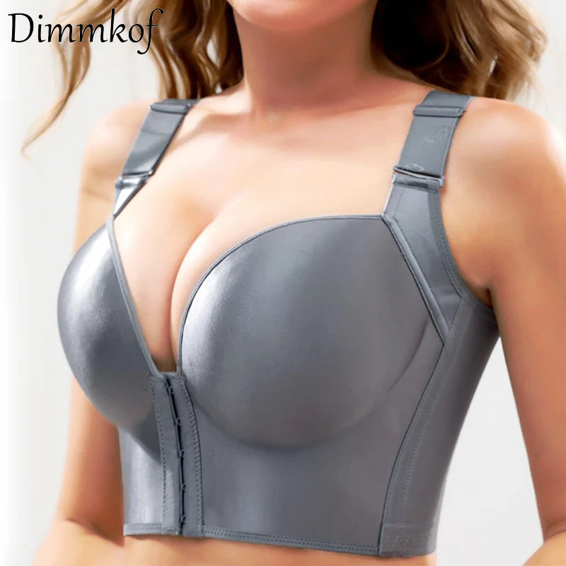 NEW Arrivals Plus Size 38(85)- 50(115) Pink/Black/Gray Colors Deep Cup Front Buckle Closure Bras Women's Hide Back Fat Full Coverage Underwear Wireless Thin Pad Luxury Shapewears