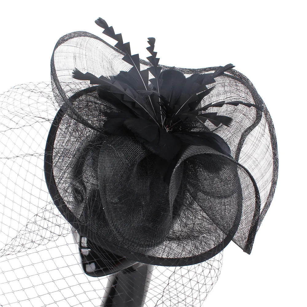 NEW Luxury Women Female Black Fascinator Hat with Veil Funeral, Cocktail Tea Party Sunday Church Feather Headwear Racing Formal Hats Girls Ladies Luxury Fashion Apparel Accessories Clothing Supplies