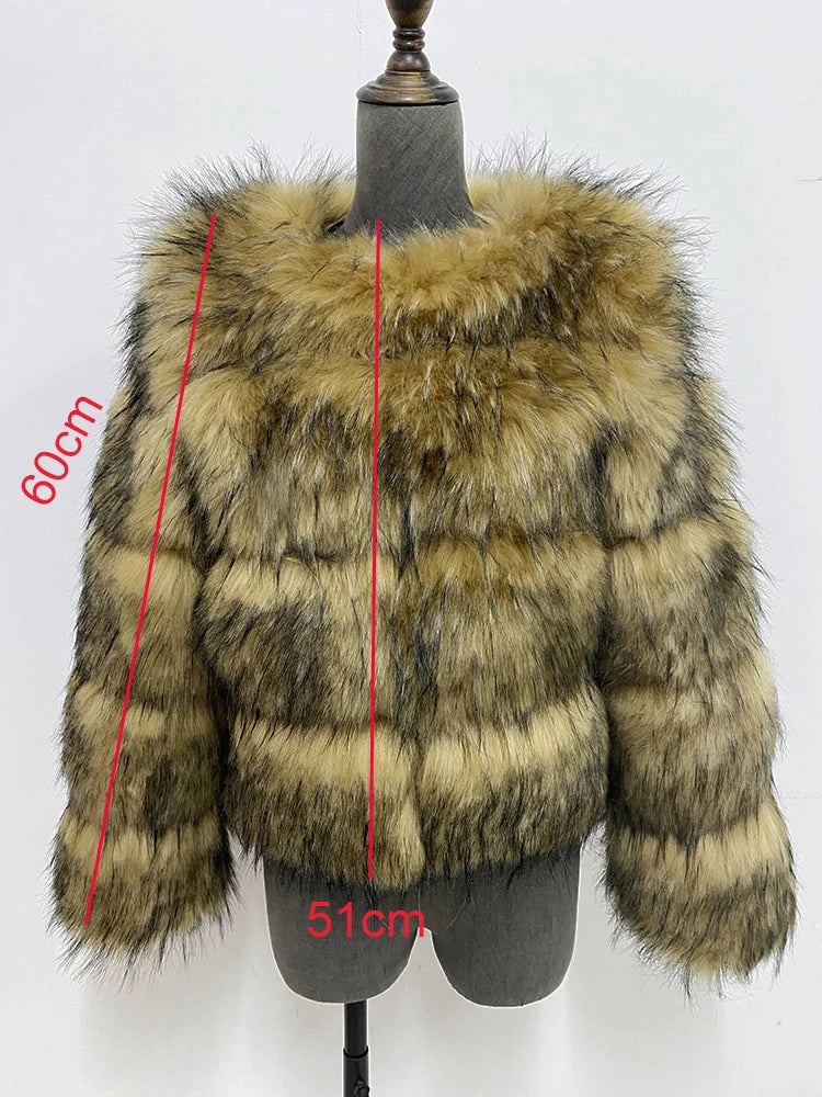 NEW Arrivals S-6XL High Quality Cropped Faux Raccoon Fur Coat Women Winter Warm Snow Outwear Fashion O Neck Long Sleeve Fluffy Short Faux Fur Jacket Crop Top Ladies Girls Luxury Fashion Clothing Supplies