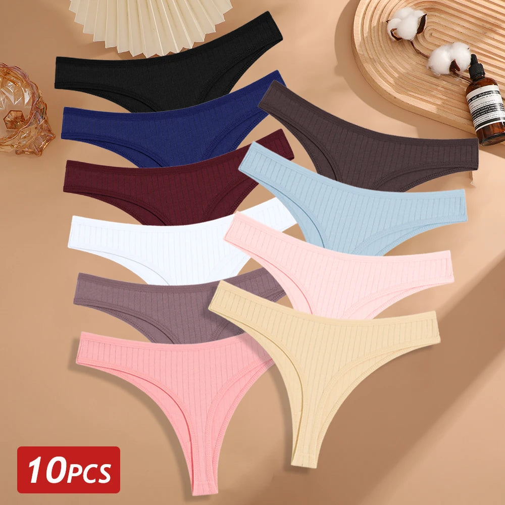 NEW Arrivals 10PCS Set Sexy Cotton Panties Low Rise G-String Thongs Solid Color Ribbed Soft Female Briefs Underwear Elastic Intimates Lingerie S-XL Ladies Girls Sexy Fashion Lingerie Supplies