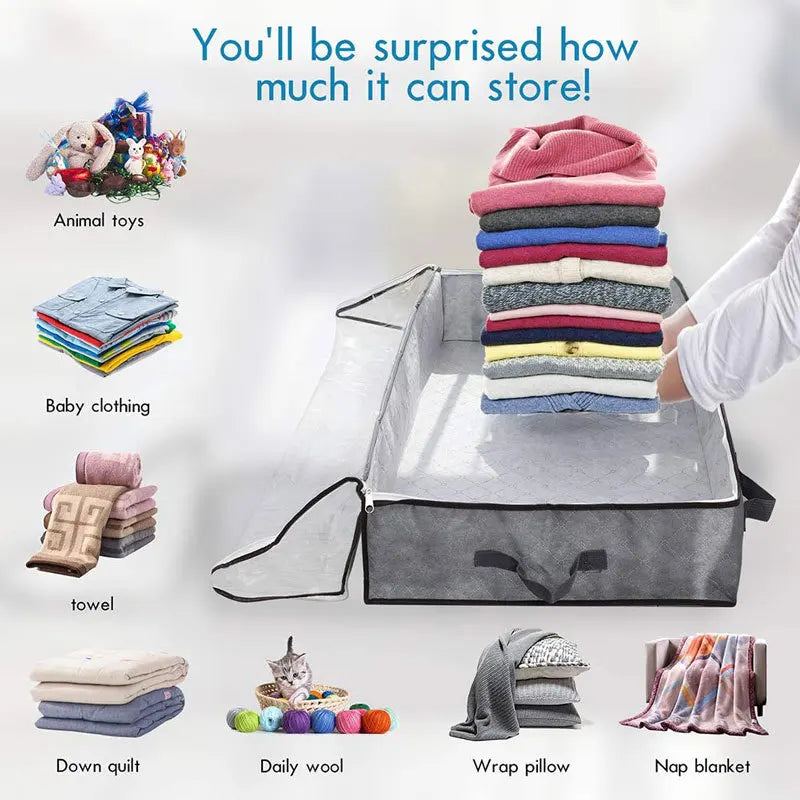 Foldable Underbed Bags - 2 Pack Blankets Clothes Comforters Storage Bag Breathable Zippered Organizer for Bedroom