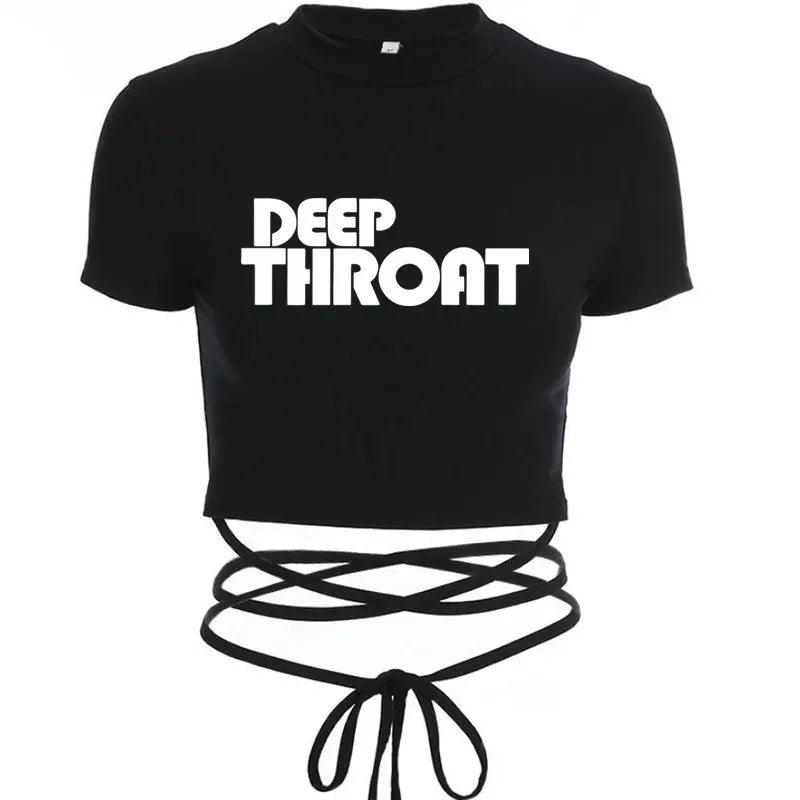 NEW Arrivals M-2XL UK Size 6 Patterns Women Fashion Girls Sexy T-Shirt Casual Short Sleeve Female Shirt Harajuku *DEEP THROAT* Women Crop Top Black Short Crop Bandage Tee Tops