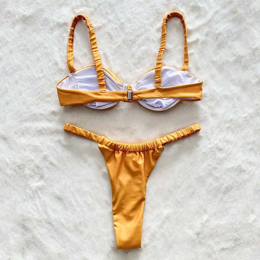 Sexy Gold Yellow Push Up Swimsuit Micro Thong Bikini Women Swimwear Underwired Bathing Swimming Suit Biquinis Bikinis Set