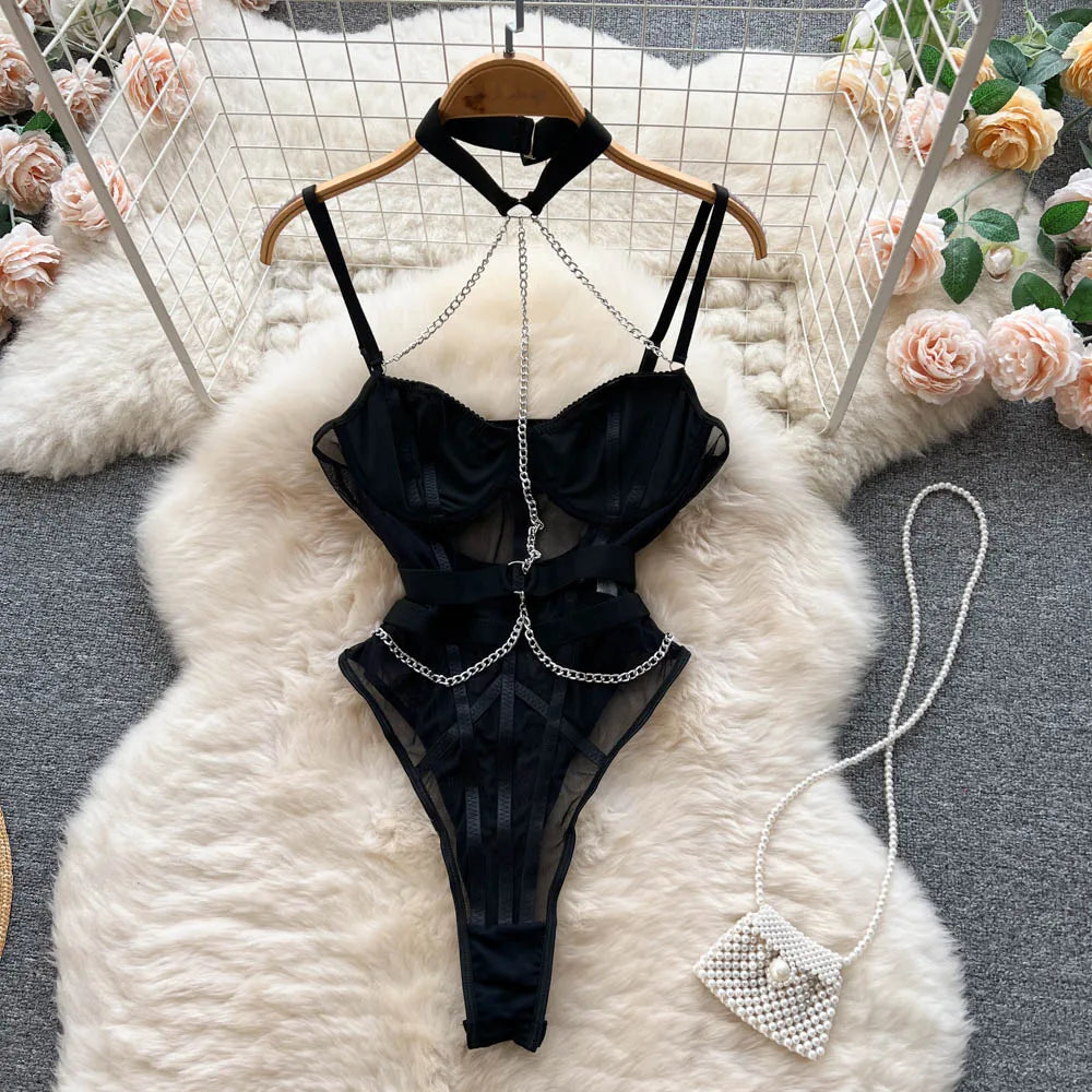 Women's Hollow Combination Bodysuit Slim Fit Erotic Mesh Lace Jumpsuit Bodysuit Sexy Fashion Pajamas