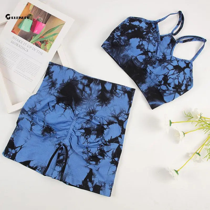 Tie Dye Yoga Set Women Seamless Sports Suit Cycling Shorts with Running Bra Gym Tracksuit Elastic Fitness Outfit