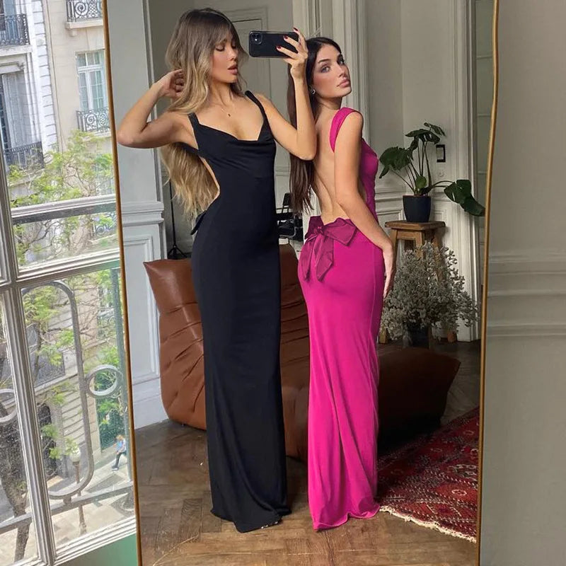 NEW Arrivals UK Size Rose Red/Black Sexy Slim Spaghetti Strap Evening Party Dress Women Sexy Backless Bowknot Package Hip Bodycon Long Dresses Solid Color Night Club Outfit