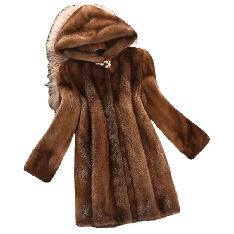 S-9XL Plus Size Hooded Long Faux Fur Coat Women Autumn Winter Large Jacket Overcoat Turn Down Collar Thick Coat Warm Jackets Maxi Coats