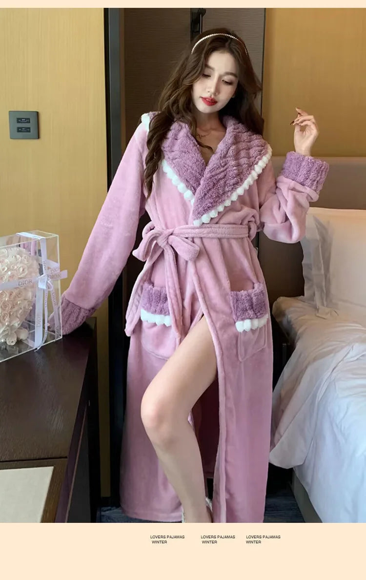 NEW Arrivals Women's Winter Bathrobe Long Sleeve Coral Fleece Warm Ladies Dressing Gown with Sashes Pockets Cute Flannel Bath Robe for Female Ladies Sexy Home Wear