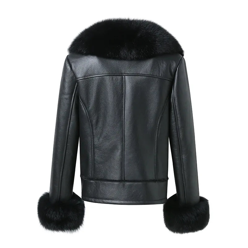Real Shearling Jacket Real Fox Fur Collar Cuff Coats Women Winter Overcoats Genuine Sheepskin Leather Jacket