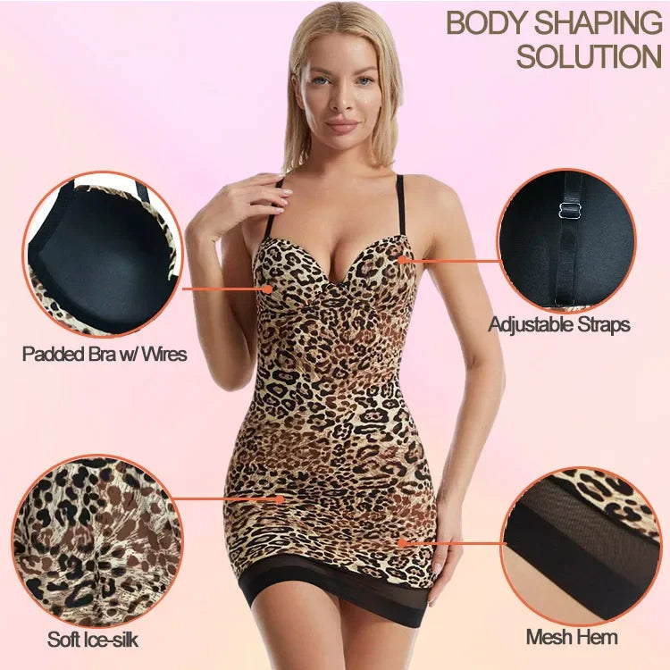 NEW S-2XL Sexy Leopard Shapewear Tank Top Slim Fit Base Layer Skirt Body Shaping Dress Strap Sleepwear Comfortable Underwear Ladies Nightdress