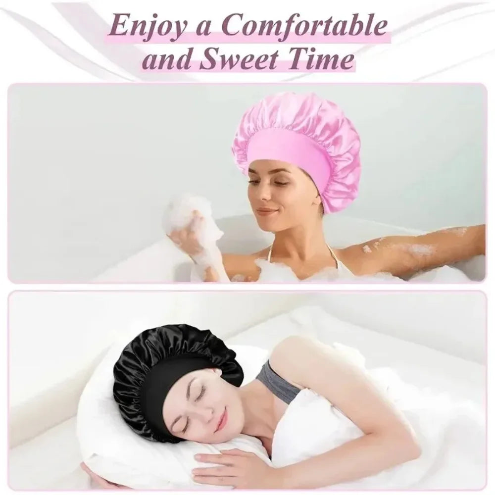 NEW Arrivals 13 Colors Soft Silk Satin Lined Bonnet Large Satin Hair Bonnet Household Sleep Shower Cap Hair Wrap Cover for Long Hair Ladies Beauty Salon Spa Tools Women Hair Care Accessories