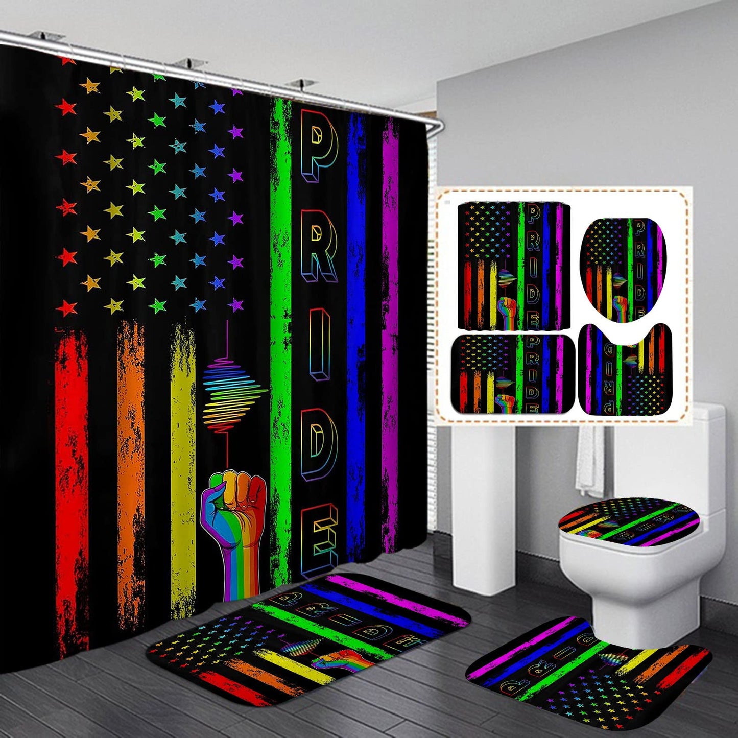 Rainbow Pride Gay Flag Shower Curtain Set Bath Mat Bathroom Set Toilet Carpet Floor Rug Gay Pride Lesbian Peace LGBT Home Decor