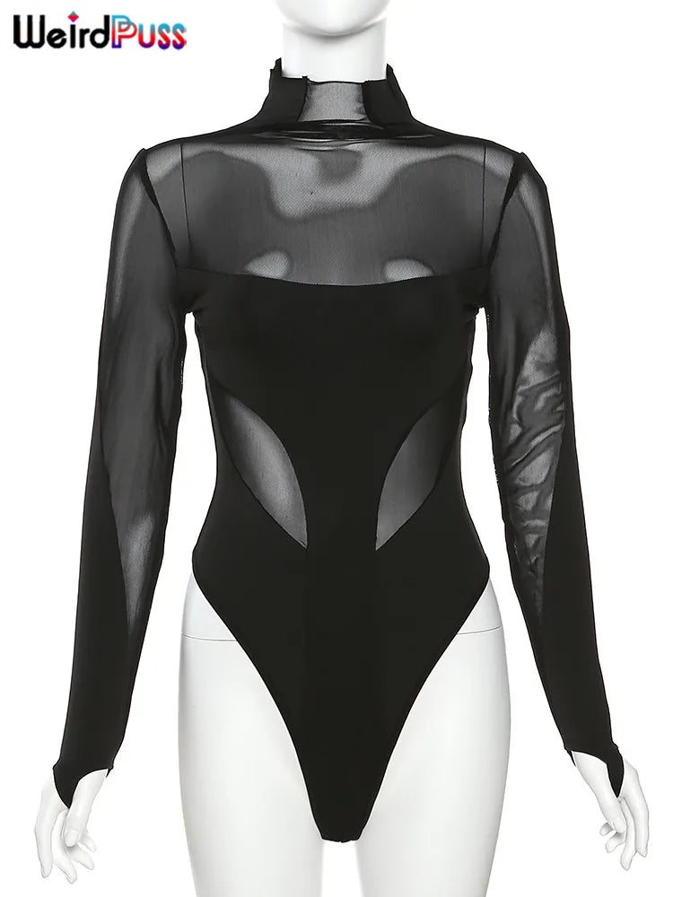 Weird Puss Sexy Wild Women Bodysuit Long Sleeve See Through Skinny Mesh Patchwork Vacation Party Club Streetwear Bodycon Tops