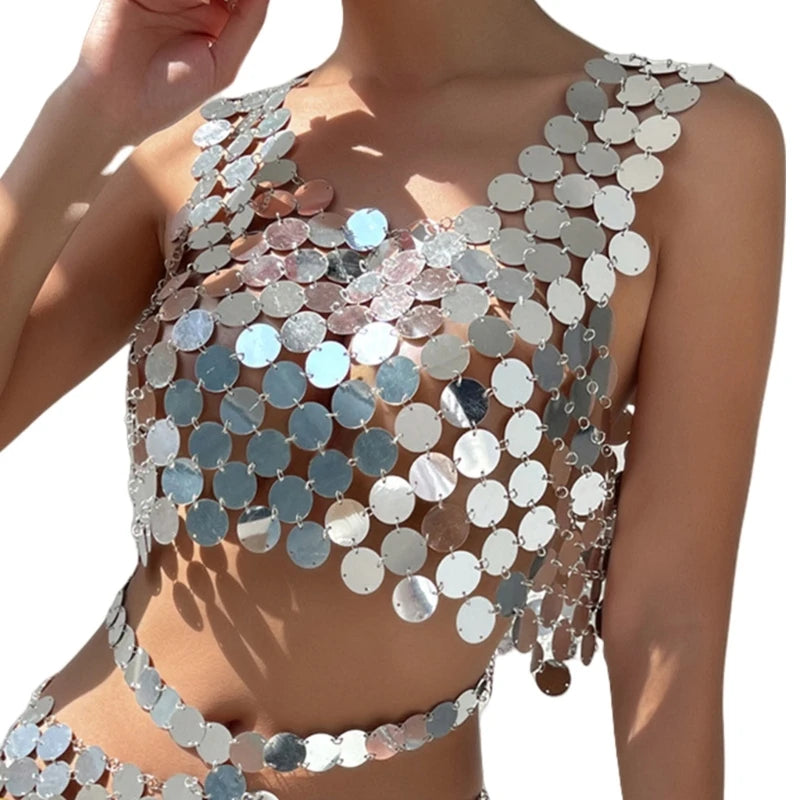 NEW Arrivals Sparkling Silver Sequins Backless Crop Tanks Top with Waist Chain Skirt Set Beach Festival Body Jewelry Outfit for Women Girls